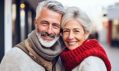 Beautiful professional mature model couple at Valetines day, candid shot of a close up of a very beautiful happy mature couple with opened round eyes wearing knitted sweater	
