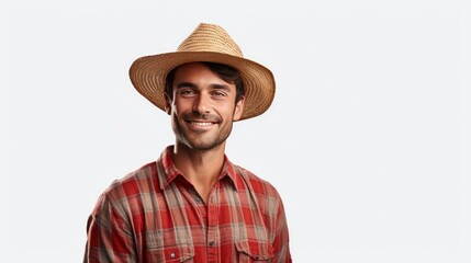 Agriculture, Confident Farmer Wearing a wide-brimmed hat and a red striped shirt, standing looking at the camera, isolated on a white transparent background.