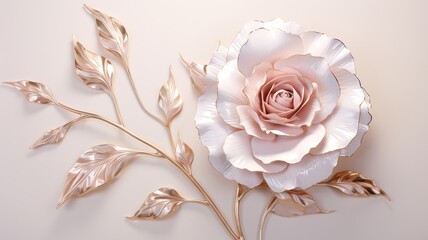 Oversized white rose with golden leaves, presented as a minimalist sculpture on a pastel pink canvas