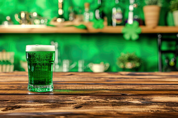 Glass of green beer on table, st patricks day concept. Ai generative - obrazy, fototapety, plakaty