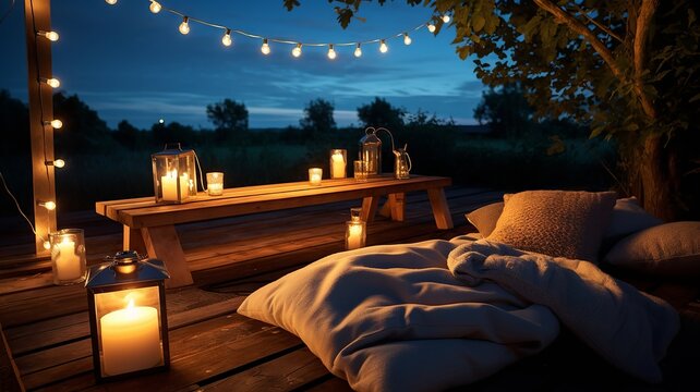 An outdoor summer movie setting, with natural wooden seats and a simple paper bag of popcorn under a starry sky