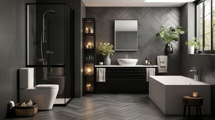 Modern monochrome bathroom with a porcelain toilet, clean lines, and geometric tile patterns, evoking a sense of simplicity and order