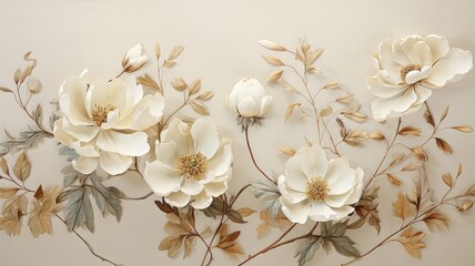 Vintage botanical illustration, with a variety of white and gold flowers, each textured and lifelike, on an aged parchment background