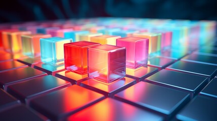 A colorful glass cubes on a metal surface.  - obrazy, fototapety, plakaty