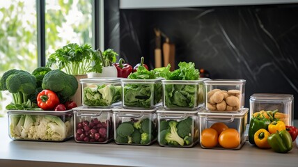 Sustainable kitchen concept with transparent containers filled with fresh, organic vegetables on a neutral countertop, emphasizing healthy eating - obrazy, fototapety, plakaty