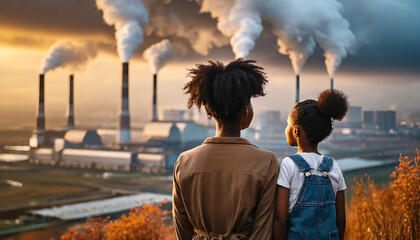 Dimly lit scene depicts a mother and daughter gazing at factory smoke, conveying the poignant impact of pollution on familial and environmental well-being
