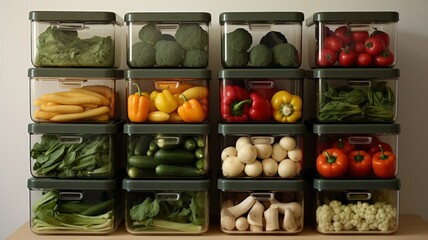 Contemporary still life of raw vegetables in modular storage boxes, arranged against a soft beige setting, reflecting a modern, health-conscious lifestyle