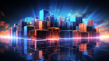 Fototapeta premium Digital 3d render of a futuristic cityscape built from metallic cubes and rectangles, illuminated by neon lights under a night sky