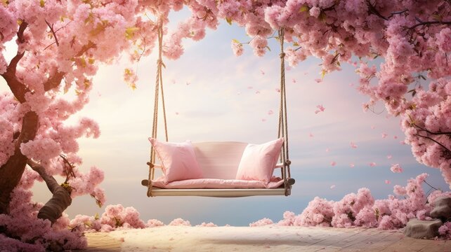 Whimsical swing hanging from a cherry blossom tree, with petals floating in a gentle breeze on a spring day