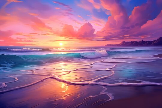 Sunset or summer sunrise over the sea. Calm waves. Bright warm colors. Morning or evening. The beauty of the sea. Seascape, work of art. Generative AI