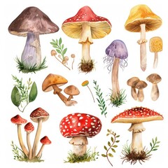 Watercolor Mushrooms Clipart, colorful, various variations