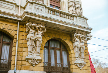 Bilbao, Spain - January 2, 2024: Architectural details of typical buildings in and around Bilbao, Spain

