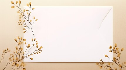 Blank greeting or invitation card mockup with botanical decor on beige background . Generative Ai