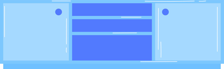 Blue kitchen furniture with cabinets and drawers flat design. Modern home interior and kitchen decor vector illustration.