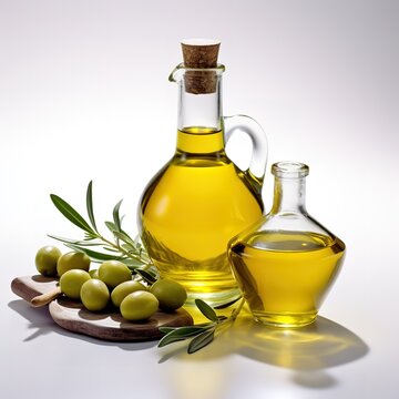 A bottle of olive oil decorated with a pile of fresh olives and green leaves on the side on white background. generative AI