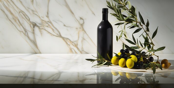 Olive oil and Olives in photo on marble stone table. generative Ai