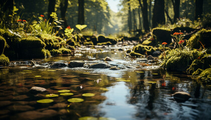 Tranquil scene green forest, flowing water, reflecting autumn beauty generated by AI