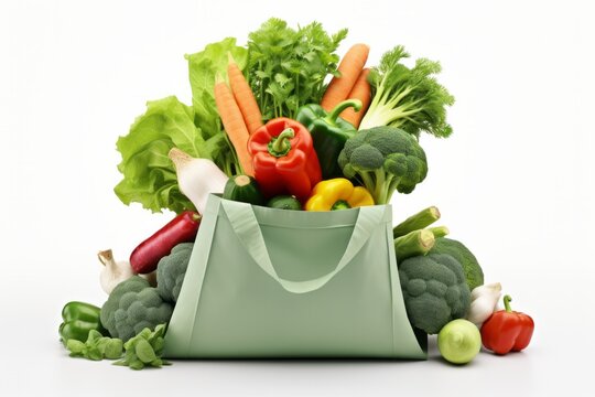 Sustainable Shopping Bag with a Variety of Vegetables Such as Cabbages, Bell Peppers, and Carrots, Placed on a White Background, Generative AI