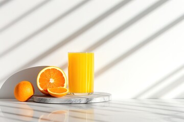 Naklejka premium A glass of orange juice with fresh orange garnish beside it. generative AI