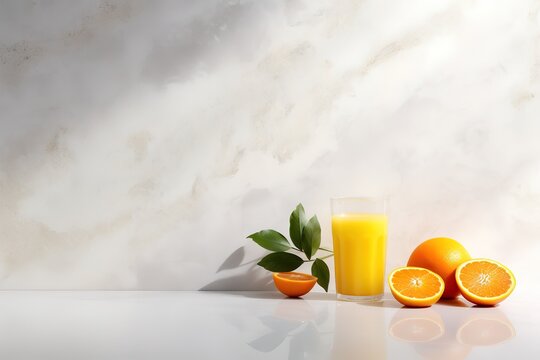 A glass of Orange juice with a fresh orange garnish on the side. generative AI