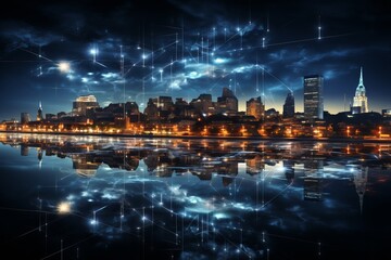 Fototapeta na wymiar Smart city skyline with AI-controlled LED lighting for energy efficiency, Generative AI