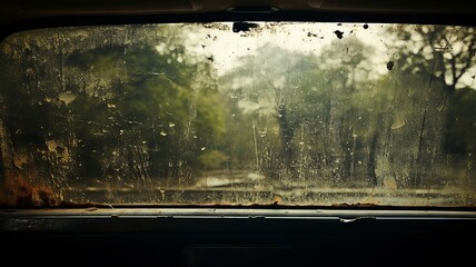 Grunge aesthetic framed by a dirty car rear window, the remnants of a wild, muddy escapade etched on the glass