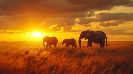 A family of elephants trekking across a vast African plain during the golden hour, with a breathtaking sunset in the background. Family, African plain