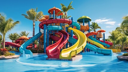 Vibrant waterpark oasis with twisting slides in bold colors, a refreshing escape into a world of aquatic thrills under a clear sky