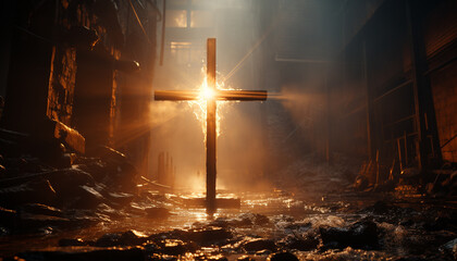 Burning cross symbolizes spirituality, forgiveness, and illuminated salvation generated by AI - obrazy, fototapety, plakaty