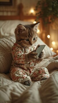 Kitten in Bedroom wearing Pajamas and Playing Smartphone
