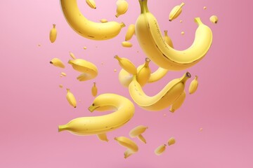 Banana Pieces Suspended in Mid-Air, Creating a Playful Composition, on a Pink Canvas, Generative AI