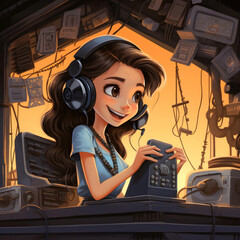  An illustration of a cute cartoon-style woman working with an intercom