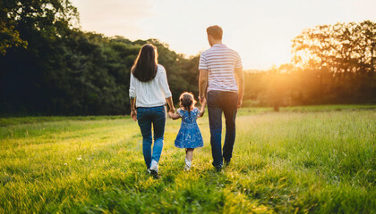 family silhouette, backs turned, strolling in a meadow at sunset, radiating happiness in warm, low-lit ambiance