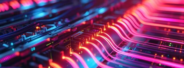 
Web banner of glowing data cables transferring information inside computer server, internet connection 