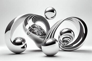 3d chrome metal silver swirl balls on white background