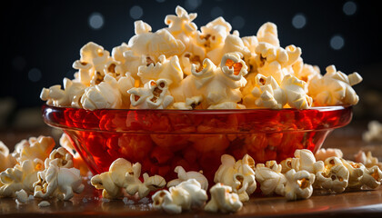 Fresh popcorn, a movie theater snack, enjoyed while watching a film generated by AI