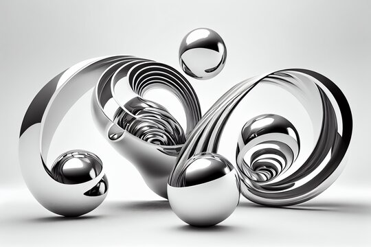 3d chrome metal silver swirl balls on white background