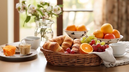 Obraz na płótnie Canvas Gourmet breakfast scene with flaky pastries presented in an artisanal wood basket, accompanied by fresh fruits and a chic table setting