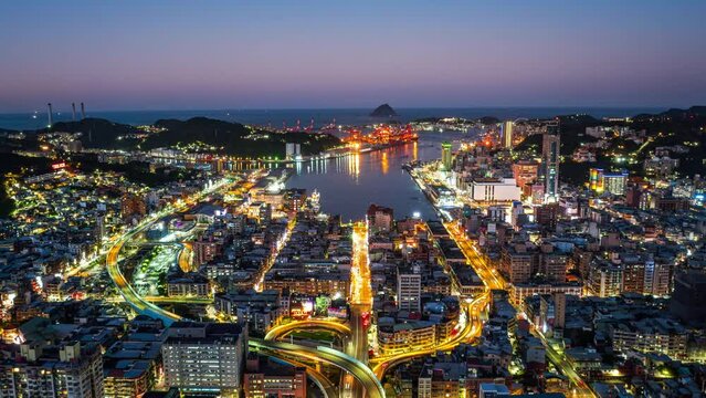Aerial view of Keelung city at night, Taiwan.