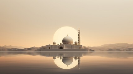 Fototapeta na wymiar Minimalist white and gold mosque on a moon surface, with earth rising on the horizon