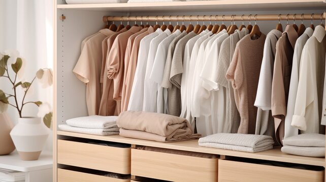 Stylish clothing storage solution, featuring a drawer with compartmentalized sections for assorted apparel, set in a light, scandinavian-inspired interior