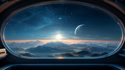 Peaceful dawn breaking view from a spaceship window, with a distant planet rising over the horizon