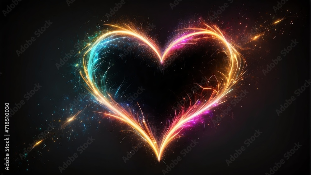 Poster heart shaped trail of colorful sparkler light with sparks and particles on plain black background fr