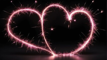 Heart shaped trail of pink sparkler light with sparks and particles on plain black background from Generative AI