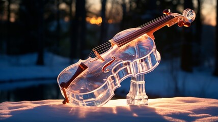 An icy violin sculpture within a crystal clear block of ice, set in a wintry landscape under the aurora borealis