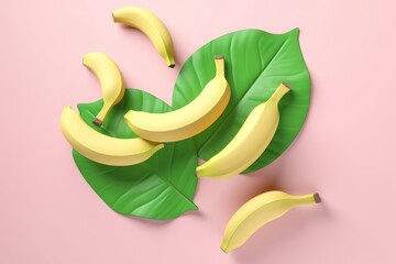 Floating Sliced Bananas with Mint Leaves, on an Isolated Pink Background, Generative AI
