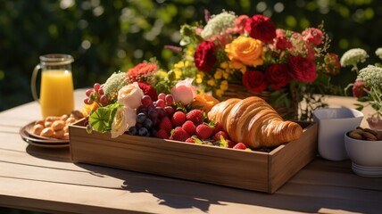 Obraz na płótnie Canvas Rustic brunch arrangement featuring golden croissants in a farmhouse wooden crate, amidst a casual picnic atmosphere with vibrant salads