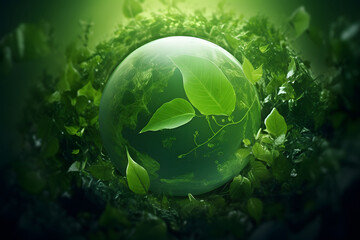 green planet earth, Earth Day concept, World Environment Day, environmental green sphere background with leaves and leafy branches, shaped the planet with leaves