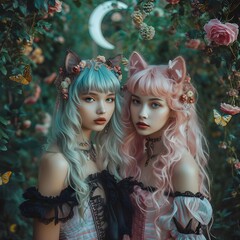 Young girls wearing sweet gothic style anime cat ears costume, cute twin sisters in pastel pink blue colorful candy fashion.