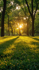 Sunset in the park with green grass and trees in the morning, vertical wallpaper